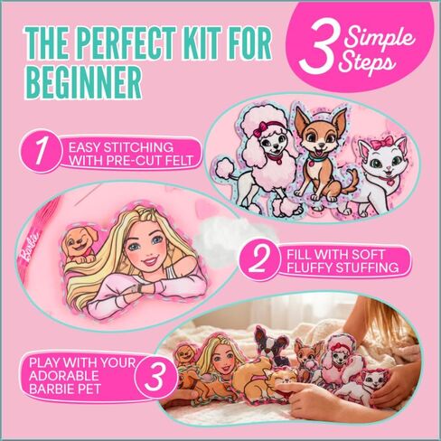 Barbie® Sewing Kit for Kids Ages 6-12 - Sew Your Own Puppy and Kitten Felt Pet Craft with Stuffing | Beginner Arts and Crafts Gift for Girls in Kuwait