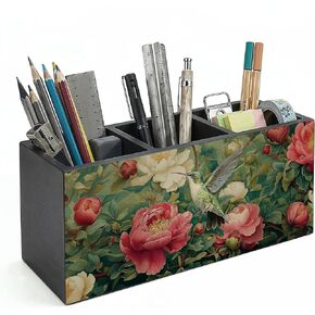 Vintage William Morris Inspired Floral Hummingbird Wooden Pencil Pen Holder for Desk Accessories, Rustic Botanical Hummingbird Bird Makeup Brush Holder Organizer for Bathroom Vanity in Kuwait