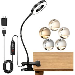 Akynite Desk Lamp Clip on Light, 48 LED USB Clamp Lamp with 5 Color Modes 10 Brightness Levels, 360° Flexible Gooseneck Eye Protection Reading Book Lights for Home Office Study, Adapter Included in Saudi Arabia
