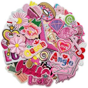 50pcs/1 Box Cuncuny Colorful Flower Word Sequin Patch Sewing on/Iron on Patch Applique DIY Craft Embroidered Applique (Assorted Pink Patches, Assorted) in Saudi Arabia