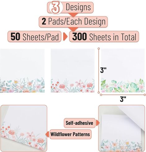Mr. Pen- Wildflower Sticky Notes, 3"x3", 6 Pack, 300 Sheets, Untamed Flora Sticky Notes, Self-Stick Note Pads, Adorable Memo Pads for Journal, Planners, Office, School, Home, Stationery Gift in Saudi Arabia