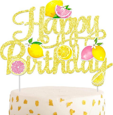 Glitter Lemon Happy Birthday Cake Topper - Pink Yellow Lemon Slice Cake Decor for Summer Fruit Themed Birthday Party, Lemonade Stand Party Supplies in Kuwait