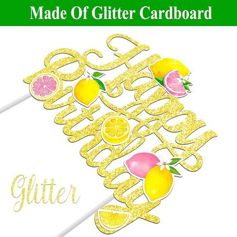 Glitter Lemon Happy Birthday Cake Topper - Pink Yellow Lemon Slice Cake Decor for Summer Fruit Themed Birthday Party, Lemonade Stand Party Supplies in Kuwait
