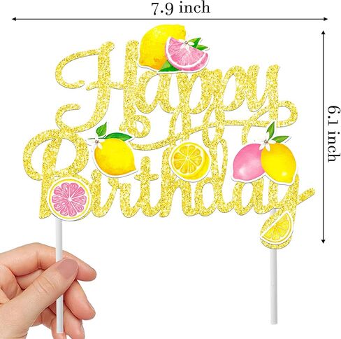 Glitter Lemon Happy Birthday Cake Topper - Pink Yellow Lemon Slice Cake Decor for Summer Fruit Themed Birthday Party, Lemonade Stand Party Supplies in Kuwait