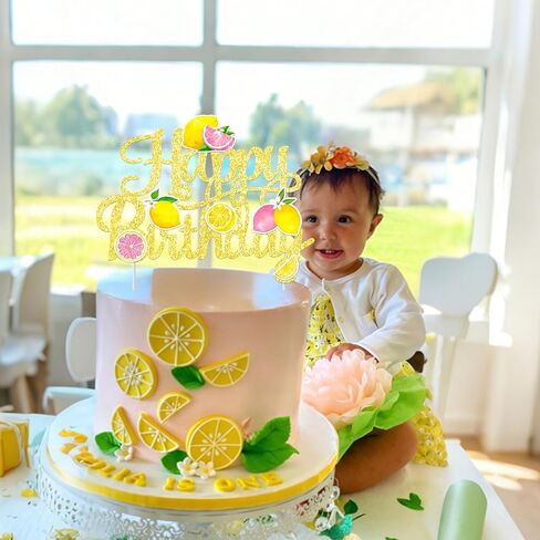 Glitter Lemon Happy Birthday Cake Topper - Pink Yellow Lemon Slice Cake Decor for Summer Fruit Themed Birthday Party, Lemonade Stand Party Supplies in Kuwait