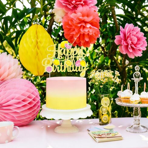Glitter Lemon Happy Birthday Cake Topper - Pink Yellow Lemon Slice Cake Decor for Summer Fruit Themed Birthday Party, Lemonade Stand Party Supplies in Kuwait