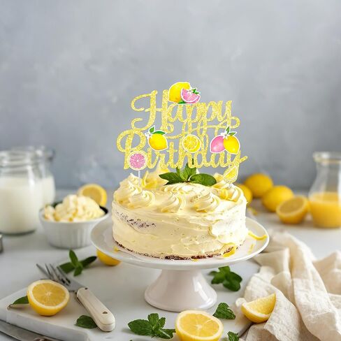 Glitter Lemon Happy Birthday Cake Topper - Pink Yellow Lemon Slice Cake Decor for Summer Fruit Themed Birthday Party, Lemonade Stand Party Supplies in Kuwait