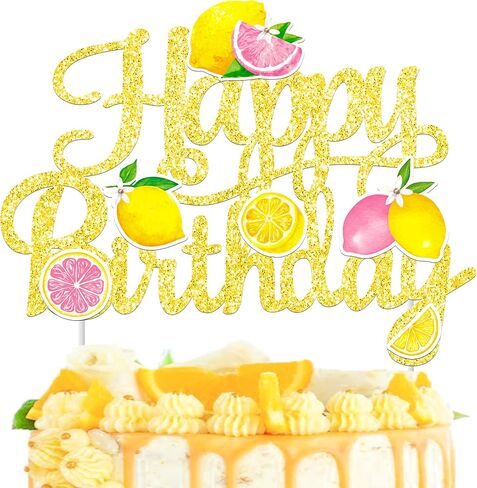 Glitter Lemon Happy Birthday Cake Topper - Pink Yellow Lemon Slice Cake Decor for Summer Fruit Themed Birthday Party, Lemonade Stand Party Supplies in Kuwait