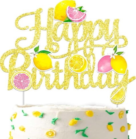 Glitter Lemon Happy Birthday Cake Topper - Pink Yellow Lemon Slice Cake Decor for Summer Fruit Themed Birthday Party, Lemonade Stand Party Supplies in Kuwait