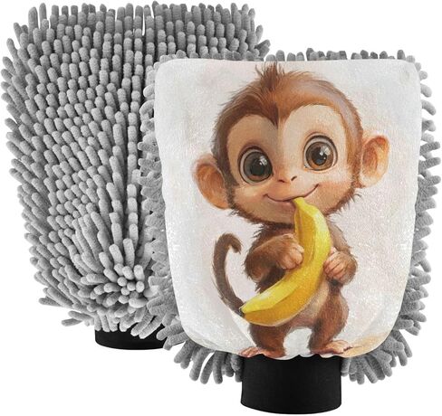 ALAZA Cute Monkey Banana Car Wash Mitt Scratch Free, 2 Pack Absorbent Microfiber/Chenille Washing & Drying Mitts, M in Saudi Arabia