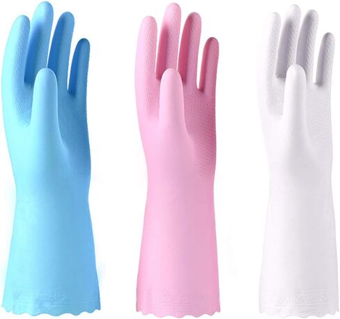 Alimat PluS 3 Pack Reusable Cleaning Gloves Latex Free, Dishwashing Gloves with Cotton Flock Liner and Embossed Palm, Waterproof Household Gloves for Laundry, Gardening (Medium) in Kuwait
