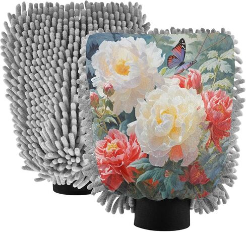 ALAZA Butterfly Rose Flowers Car Wash Mitt Scratch Free, 2 Pack Absorbent Microfiber/Chenille Washing & Drying Mitts, M in Kuwait