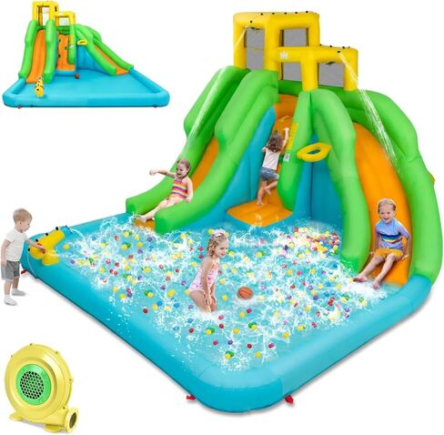 HONEY JOY Inflatable Water Slide, 6 in 1 Kids Bouncer Water Park w/Climbing Wall & 2 Long Slides, Splash Pool, Water Cannons, Indoor Outdoor Blow Up Water Slides for Backyard(with 480W Blower) in Kuwait