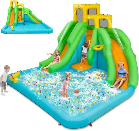 HONEY JOY Inflatable Water Slide, 6 in 1 Kids Bouncer Water Park w/Climbing Wall & 2 Long Slides, Splash Pool, Water Cannons, Indoor Outdoor Blow Up Water Slides for Backyard(with 480W Blower) in Kuwait