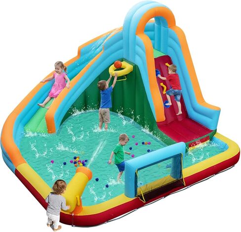 HONEY JOY Inflatable Water Slide, 6 in 1 Kids Bouncer Water Park w/Climbing Wall & 2 Long Slides, Splash Pool, Water Cannons, Indoor Outdoor Blow Up Water Slides for Backyard(with 480W Blower) in Kuwait