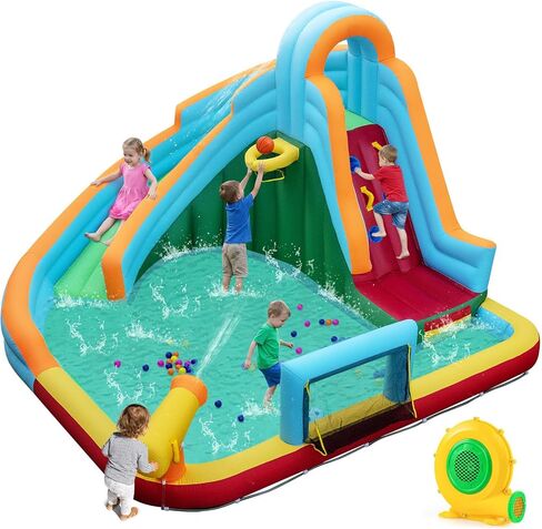 HONEY JOY Inflatable Water Slide, 6 in 1 Kids Bouncer Water Park w/Climbing Wall & 2 Long Slides, Splash Pool, Water Cannons, Indoor Outdoor Blow Up Water Slides for Backyard(with 480W Blower) in Kuwait