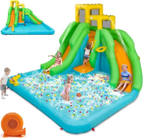 HONEY JOY Inflatable Water Slide, 6 in 1 Kids Bouncer Water Park w/Climbing Wall & 2 Long Slides, Splash Pool, Water Cannons, Indoor Outdoor Blow Up Water Slides for Backyard(with 480W Blower) in Kuwait