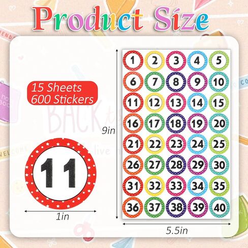 600 Pcs Number Stickers 1-40 Dot Consecutive Number Labels 1 Inch Dot Numbers Labels Colored Numbers Decals Self-Adhesive Water Tear Resistant Removable for Storage Boxes Cabinets Bookshelves in Saudi Arabia