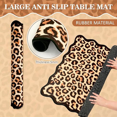 Whaline Leopard Scalloped Mahjong Mat with Carrying Bag 31.5" x 31.5" Brown Beige Cheetah Animal Print Table Mat Wild Jungle Non-Slip Game Table Cover for Card Board Tile Games in Kuwait