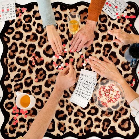 Whaline Leopard Scalloped Mahjong Mat with Carrying Bag 31.5" x 31.5" Brown Beige Cheetah Animal Print Table Mat Wild Jungle Non-Slip Game Table Cover for Card Board Tile Games in Kuwait
