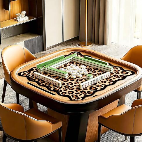Whaline Leopard Scalloped Mahjong Mat with Carrying Bag 31.5" x 31.5" Brown Beige Cheetah Animal Print Table Mat Wild Jungle Non-Slip Game Table Cover for Card Board Tile Games in Kuwait