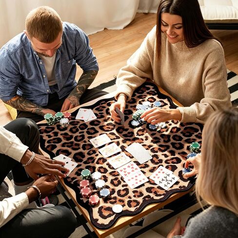 Whaline Leopard Scalloped Mahjong Mat with Carrying Bag 31.5" x 31.5" Brown Beige Cheetah Animal Print Table Mat Wild Jungle Non-Slip Game Table Cover for Card Board Tile Games in Kuwait