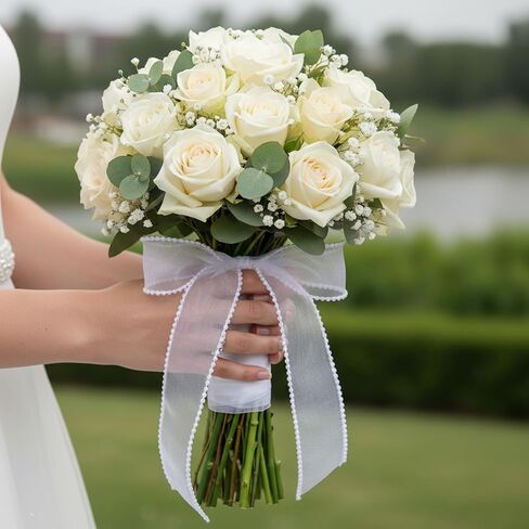 شريط من اللؤلؤ الصناعي بطول 10 ياردات، شريط أبيض مع سلك حواف لؤلؤية، شبكة الأورجانزا، أشرطة ناعمة ذيل السمكة، أشرطة شفافة شفافة لتغليف الهدايا، خياطة زينة الزفاف (أبيض) in Kuwait