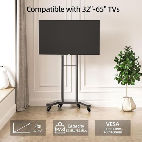 Mobile TV Cart Rolling TV Stand for 32-65 inch Screens, Vertical Rotating Mount, Portrait to Landscape, Height Adjustable Portable with Wheels Bracket, Max 83lbs Max VESA 400x400mm (Black) in Saudi Arabia