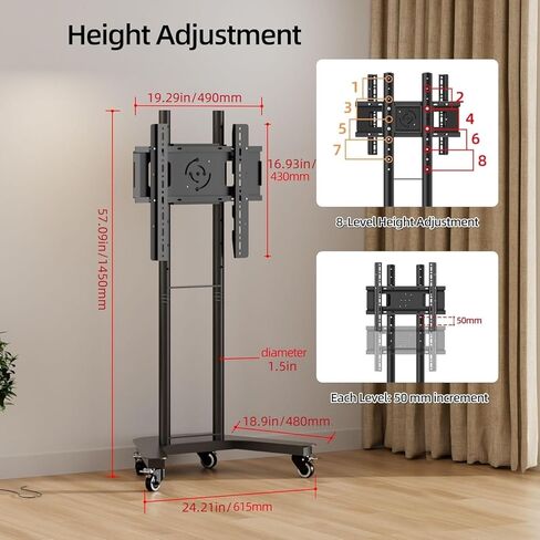 Mobile TV Cart Rolling TV Stand for 32-65 inch Screens, Vertical Rotating Mount, Portrait to Landscape, Height Adjustable Portable with Wheels Bracket, Max 83lbs Max VESA 400x400mm (Black) in Saudi Arabia