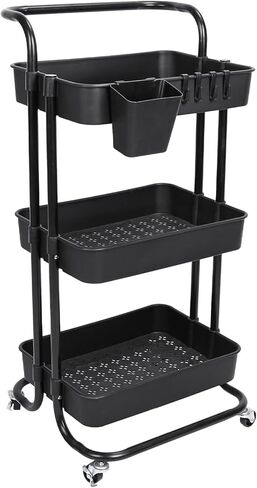 3-Tier Rolling Utility Cart with Wheels, Black, Metal Frame, 132 LBS Capacity, Removable Side Cup and Hooks in Kuwait