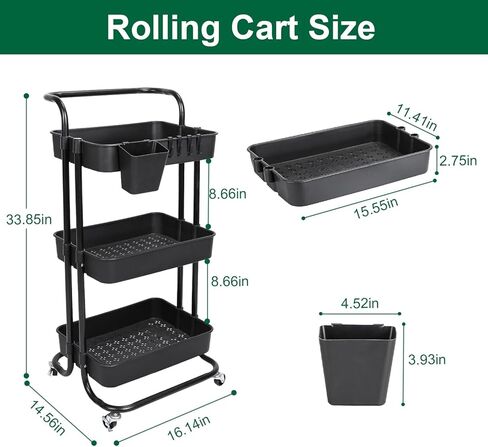 3-Tier Rolling Utility Cart with Wheels, Black, Metal Frame, 132 LBS Capacity, Removable Side Cup and Hooks in Kuwait