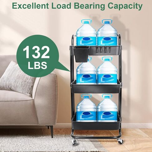 3-Tier Rolling Utility Cart with Wheels, Black, Metal Frame, 132 LBS Capacity, Removable Side Cup and Hooks in Kuwait