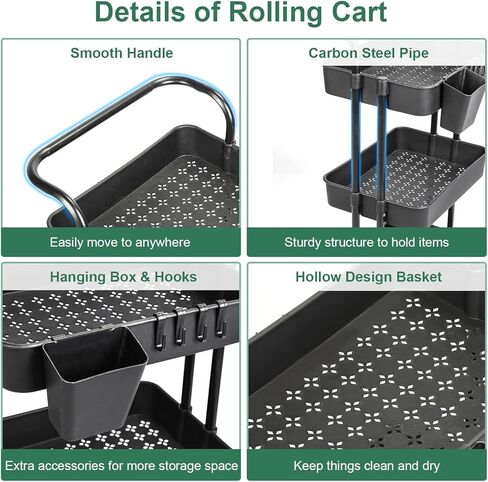 3-Tier Rolling Utility Cart with Wheels, Black, Metal Frame, 132 LBS Capacity, Removable Side Cup and Hooks in Kuwait