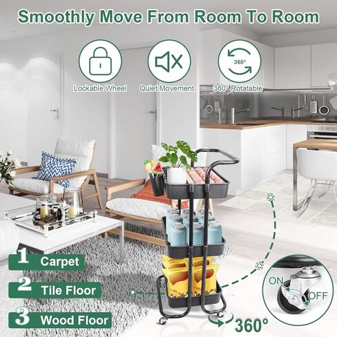 3-Tier Rolling Utility Cart with Wheels, Black, Metal Frame, 132 LBS Capacity, Removable Side Cup and Hooks in Kuwait