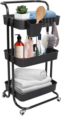 3-Tier Rolling Utility Cart with Wheels, Black, Metal Frame, 132 LBS Capacity, Removable Side Cup and Hooks in Kuwait