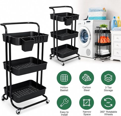 3-Tier Rolling Utility Cart with Wheels, Black, Metal Frame, 132 LBS Capacity, Removable Side Cup and Hooks in Kuwait