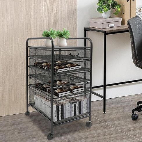 Mesh 5 Tier Rolling Storage Cart Mesh File Storage Drawers with 4 Swivel Casters 5 Drawers Cart Organizer Rolling File Storage Cabinet for Office, Study, Computer Room (Black) in Saudi Arabia