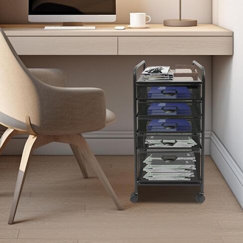 Mesh 5 Tier Rolling Storage Cart Mesh File Storage Drawers with 4 Swivel Casters 5 Drawers Cart Organizer Rolling File Storage Cabinet for Office, Study, Computer Room (Black) in Saudi Arabia