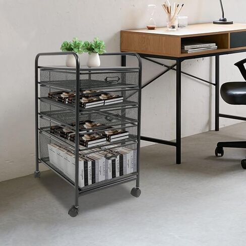 Mesh 5 Tier Rolling Storage Cart Mesh File Storage Drawers with 4 Swivel Casters 5 Drawers Cart Organizer Rolling File Storage Cabinet for Office, Study, Computer Room (Black) in Saudi Arabia