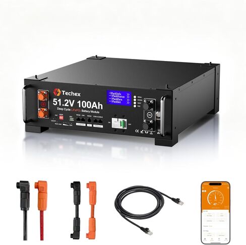 بطارية Techex 48V 100Ah LiFePO4 V2، 100A BMS مع اتصال عاكس، حامل حامل 3U، واي فاي وبلوتوث وشاشة ذكية، إخماد الحرائق، بحد أقصى. خرج طاقة 5.12 كيلو وات للاستخدام خارج الشبكة، والنظام الشمسي، والنسخ الاحتياطي in Kuwait