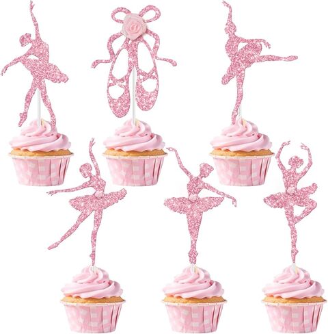 24Pcs Pink Ballerina Tutu Cupcake Toppers with Rose Ballet Dancer Cupcake for Cake Decorations Women Girls Birthday Party Baby Shower Ballerina Theme Party Supplies in Kuwait