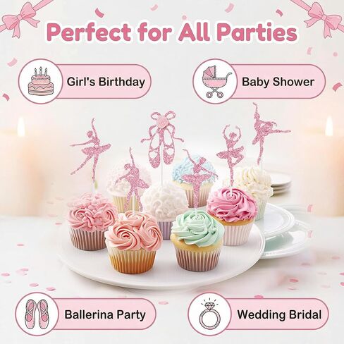 24Pcs Pink Ballerina Tutu Cupcake Toppers with Rose Ballet Dancer Cupcake for Cake Decorations Women Girls Birthday Party Baby Shower Ballerina Theme Party Supplies in Kuwait