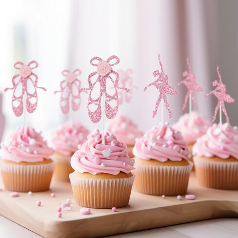 24Pcs Pink Ballerina Tutu Cupcake Toppers with Rose Ballet Dancer Cupcake for Cake Decorations Women Girls Birthday Party Baby Shower Ballerina Theme Party Supplies in Kuwait