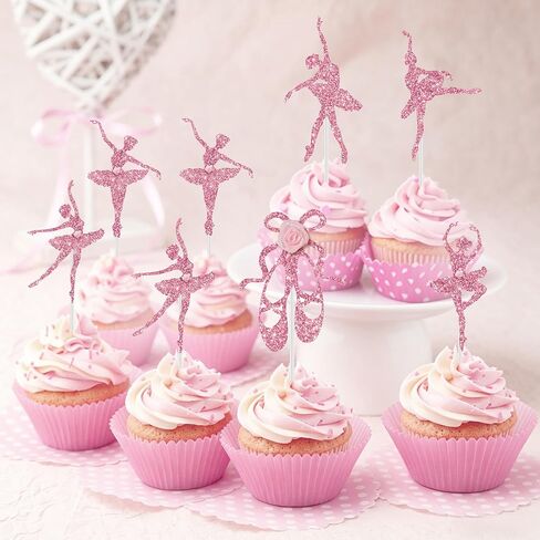 24Pcs Pink Ballerina Tutu Cupcake Toppers with Rose Ballet Dancer Cupcake for Cake Decorations Women Girls Birthday Party Baby Shower Ballerina Theme Party Supplies in Kuwait