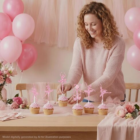 24Pcs Pink Ballerina Tutu Cupcake Toppers with Rose Ballet Dancer Cupcake for Cake Decorations Women Girls Birthday Party Baby Shower Ballerina Theme Party Supplies in Kuwait