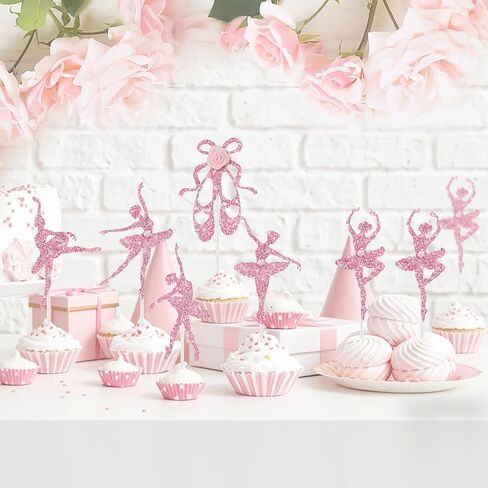 24Pcs Pink Ballerina Tutu Cupcake Toppers with Rose Ballet Dancer Cupcake for Cake Decorations Women Girls Birthday Party Baby Shower Ballerina Theme Party Supplies in Kuwait