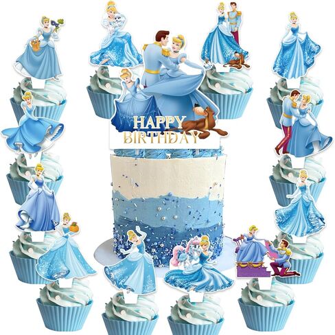 25Pcs Cindere-lla Birthday Party Supplies Pack Includes 1 Cake Topper 24 Cupcake Toppers for Cinderellas Party Supplies in Saudi Arabia