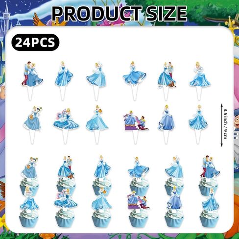 25Pcs Cindere-lla Birthday Party Supplies Pack Includes 1 Cake Topper 24 Cupcake Toppers for Cinderellas Party Supplies in Saudi Arabia