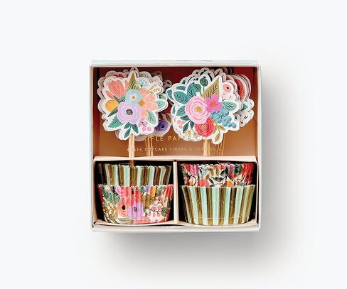 RIFLE PAPER CO. Garden Party Cupcake Kit, 24 Assorted Liners in 2 Designs, 24 Assorted Double Sided Toppers in 6 Designs, Standard Cupcake Size, Full Color and Foil Stamped in Kuwait