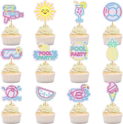 Pool Party Decorations: 36Pcs Pool Party Cupcake Toppers Pool Party Cake Decorations for Hawaii Beach Pool Theme Wedding Baby Shower Birthday Party Supplies in Kuwait